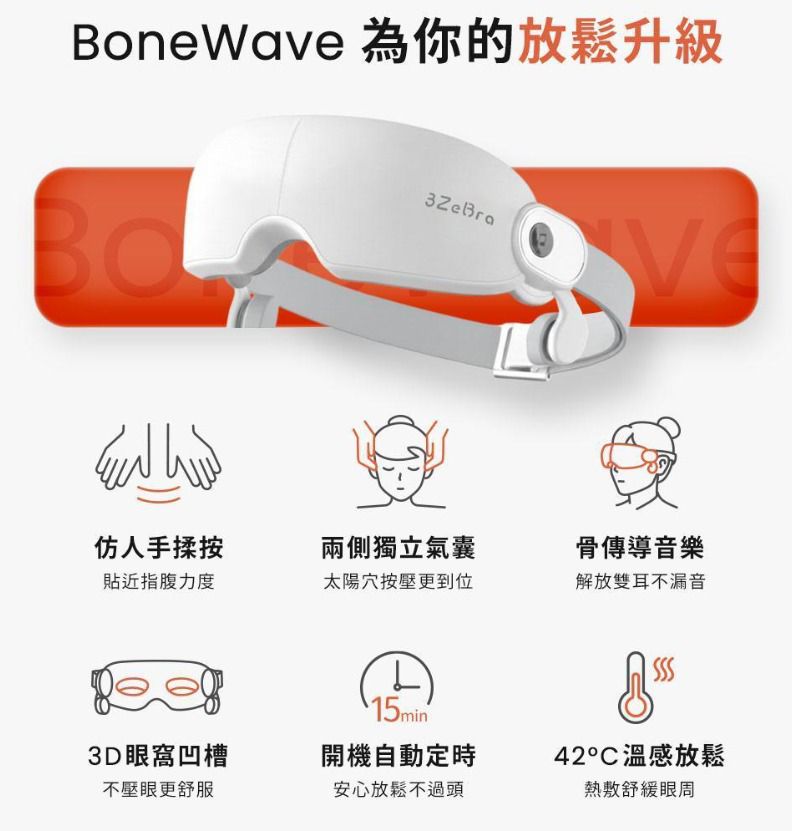台灣 3ZeBra | 仿人手按壓| BoneWave 骨傳導 太陽穴氣囊按摩眼罩